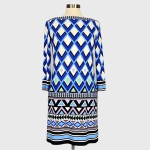 Eliza J Womens Geometric Border Print Jersey Knit Shift Dress Blue size 6